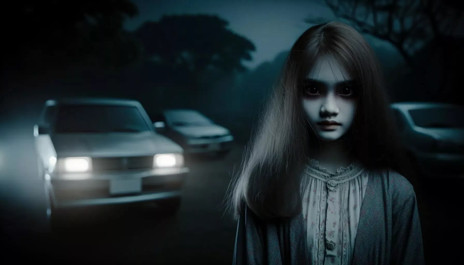girl haunted near a car