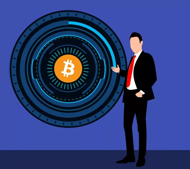 man with blockchain symbol