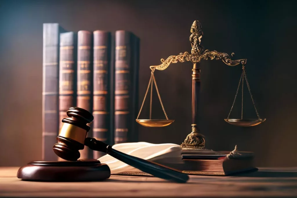 A gavel and justice scales placed on a table in the court room