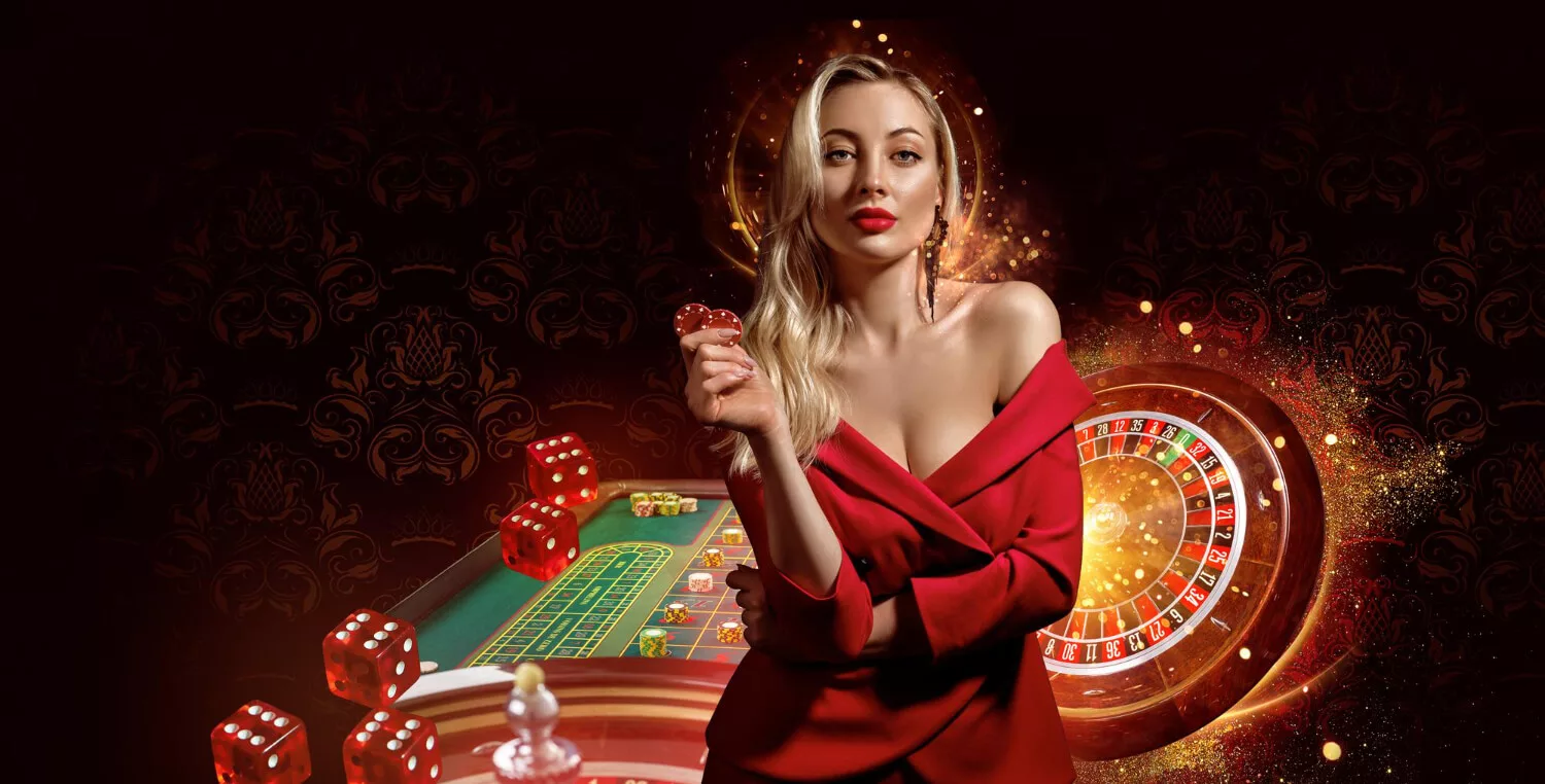 blonde-girl-with-bare-shoulder-red-dress-showing-two-chips-posing-against-dark-background-roulette-playing-table-with-stacks-colorful-chips-it-flying-dices-poker-casino-close-up