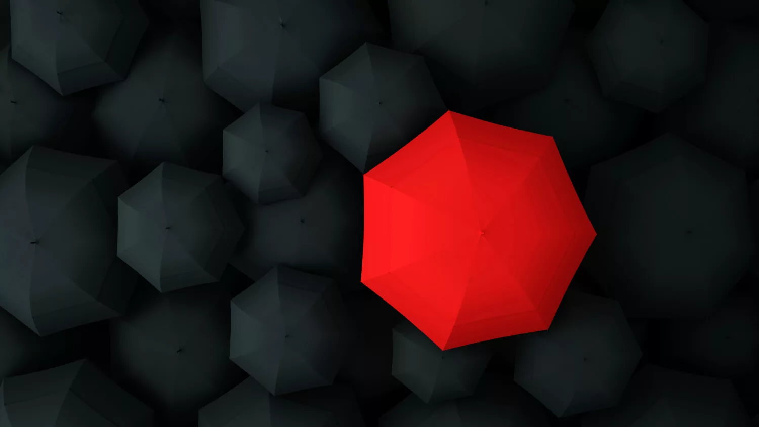 red-umbrella-many-black-umbrellas