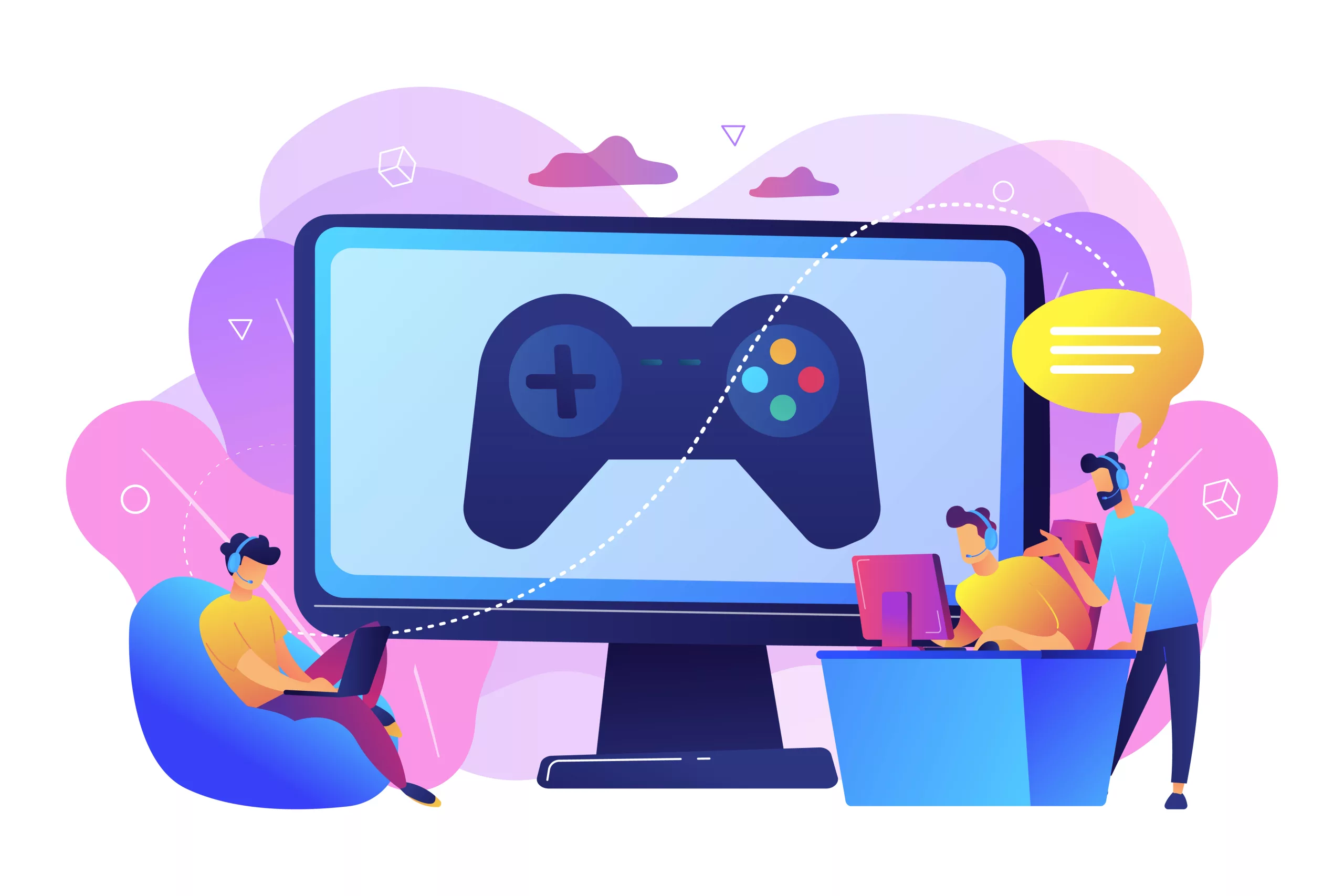 Bright vibrant violet vector isolated illustration about cyber gaming with a team.