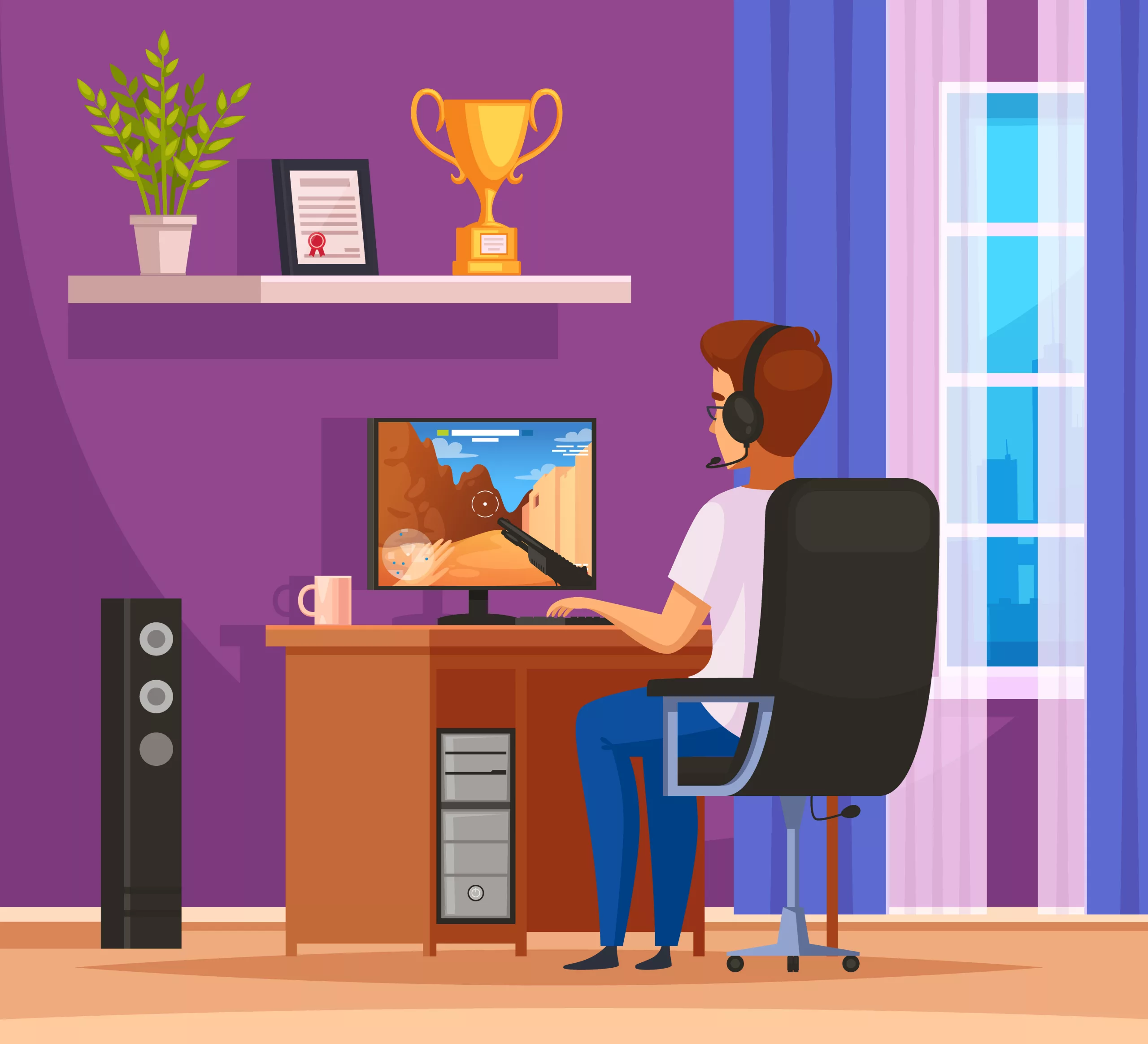 Cybersport gaming character cartoon composition with young man wearing headset in front of desktop computer vector illustration