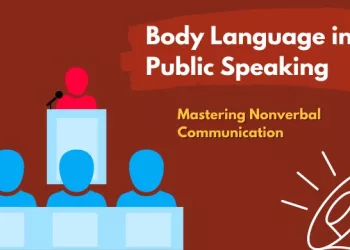 Body Language In Public Speaking written on a red background.