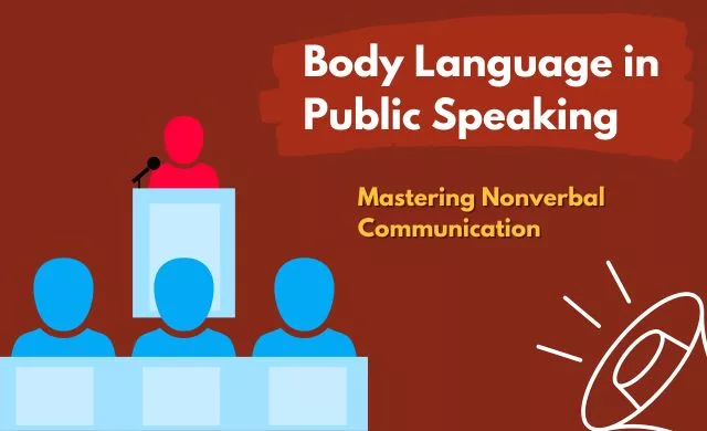 Body Language In Public Speaking written on a red background.