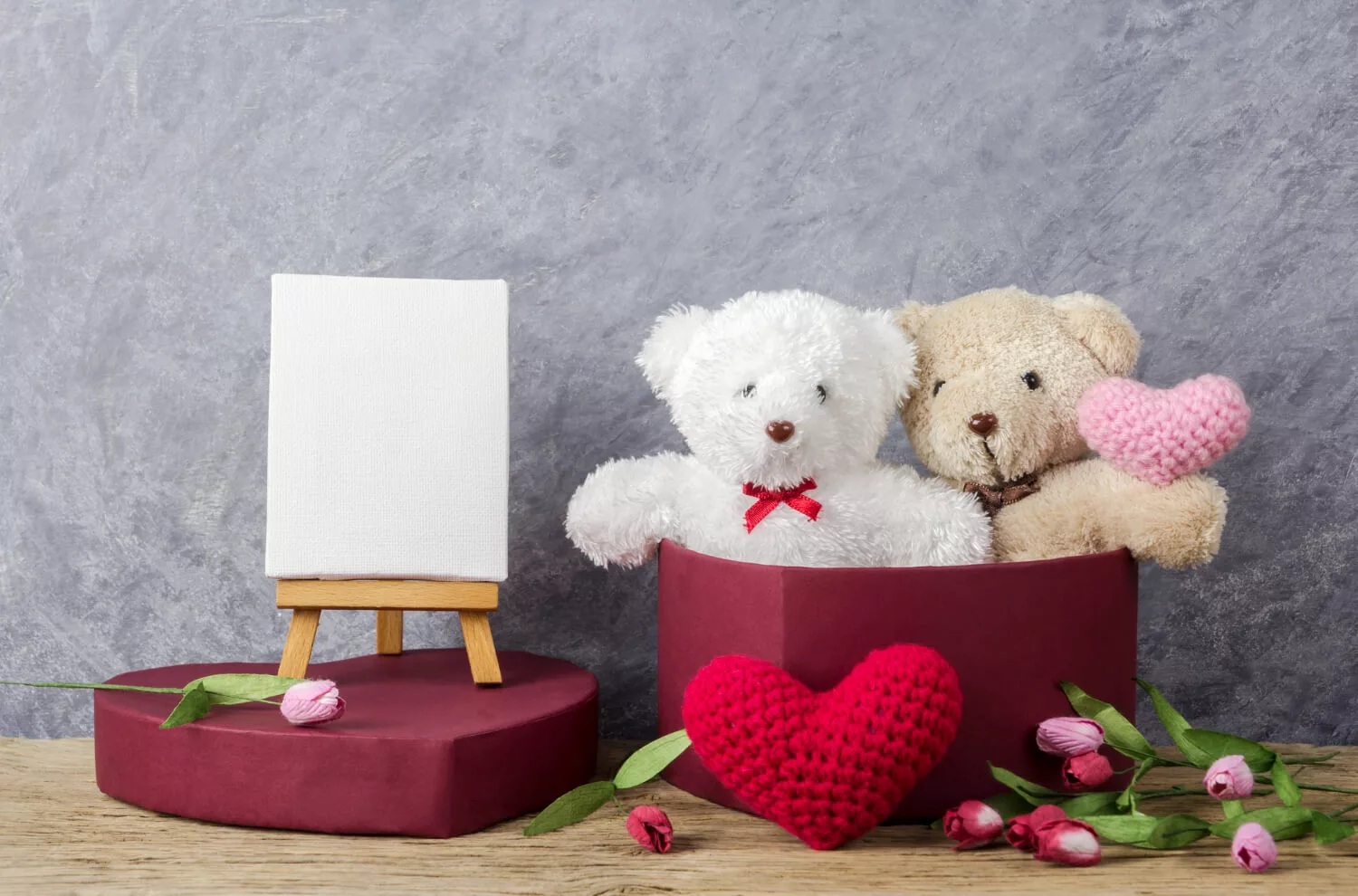 teddy-bear-red-heart-gift-box-wood-table-blank-canvas-frame-easel-painting
