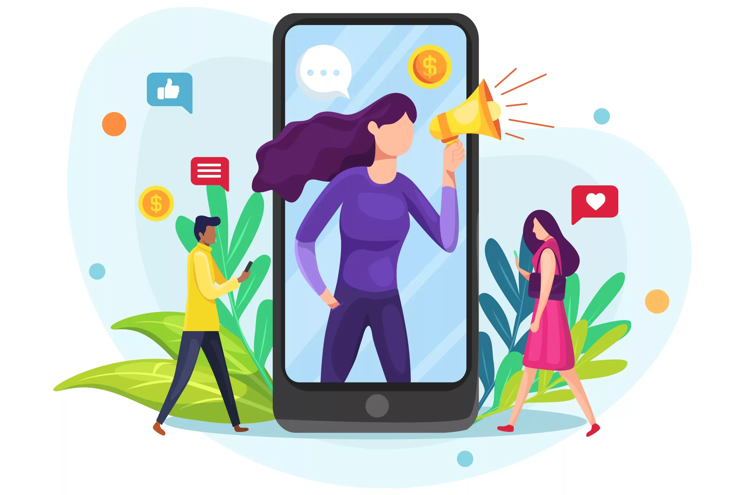 Influence or blogger. Mobile phone, woman with megaphone on screen and young people surrounding her. Influencer, social media or network promotion