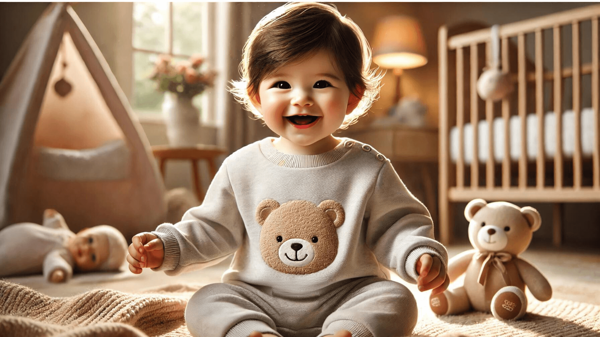 baby smiling in bear jumpsuit