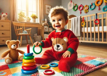 eco- friendly baby jumpsuit kid in red playing
