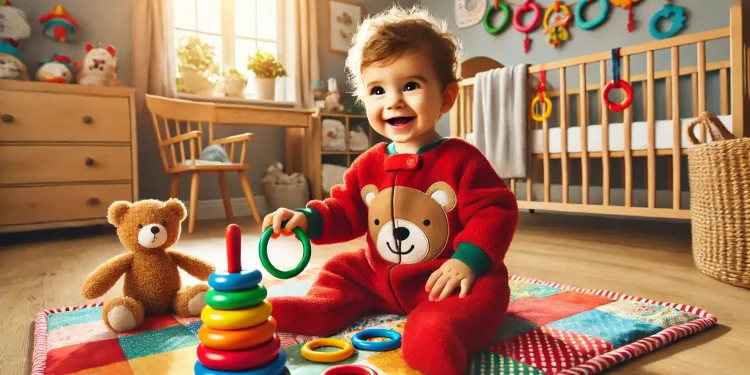 eco- friendly baby jumpsuit kid in red playing