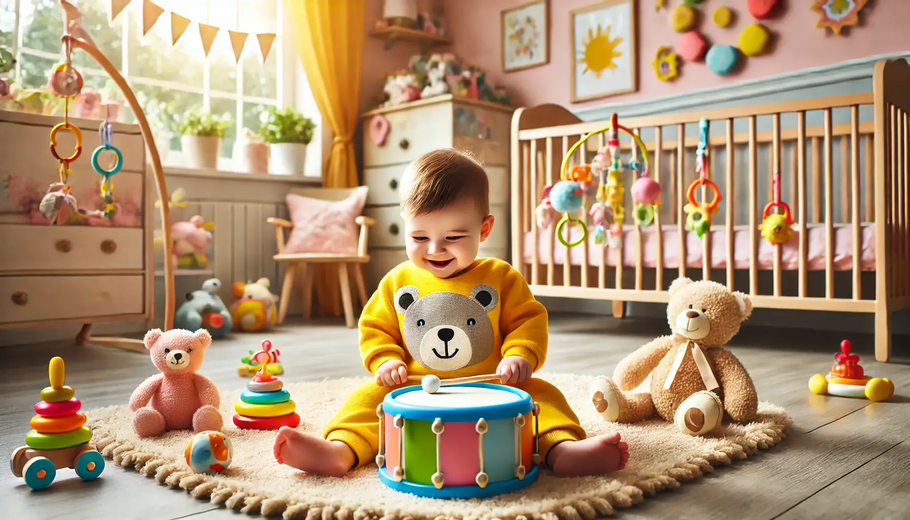 baby in yellow wearing suit and playing